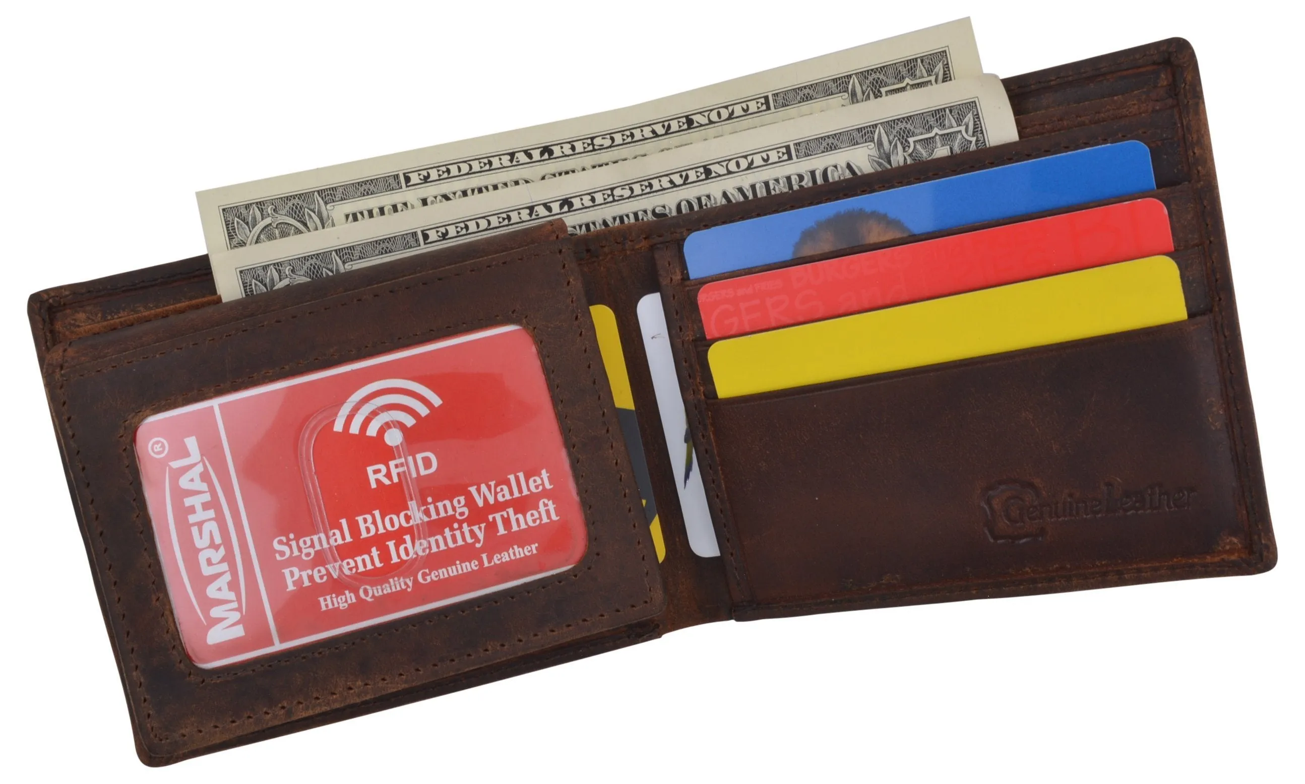 RFID Blocking Mens Genuine Leather Bifold 5 de Mayo Sombrero Logo Wallet
