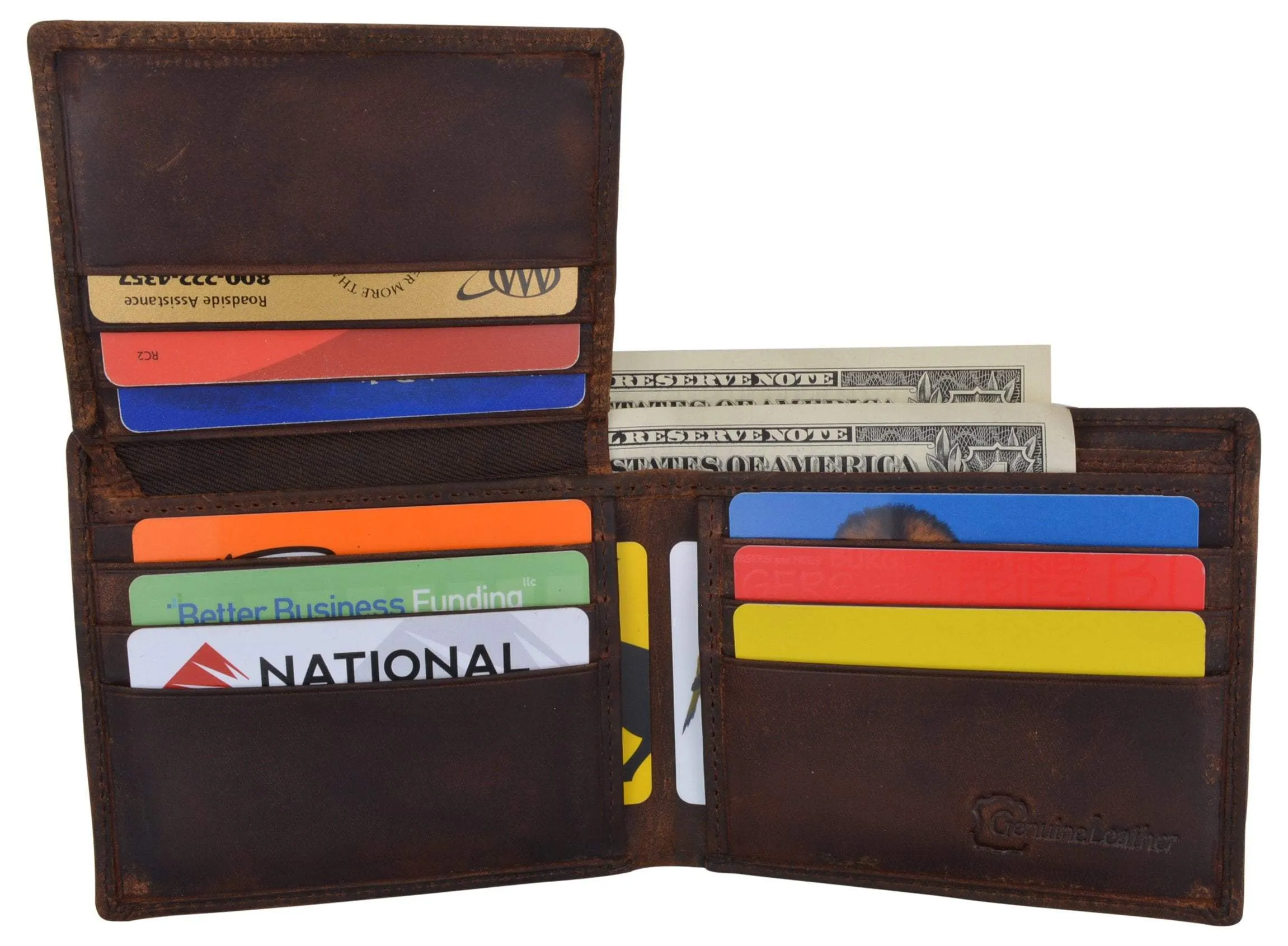 RFID Blocking Mens Genuine Leather Bifold 5 de Mayo Sombrero Logo Wallet