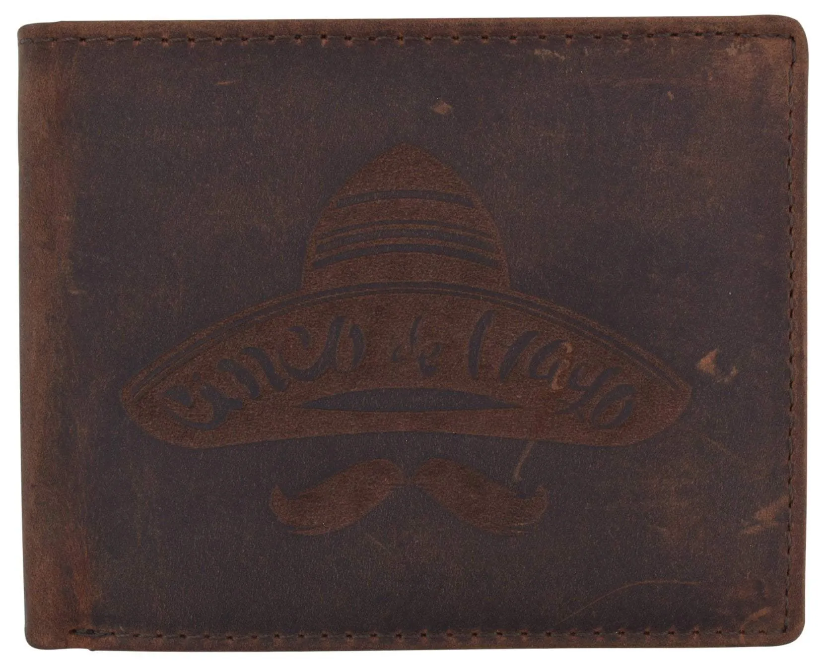 RFID Blocking Mens Genuine Leather Bifold 5 de Mayo Sombrero Logo Wallet