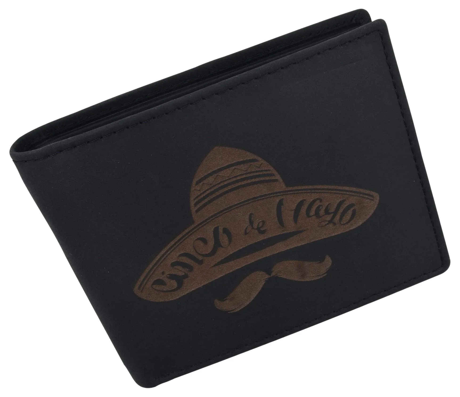 RFID Blocking Mens Genuine Leather Bifold 5 de Mayo Sombrero Logo Wallet