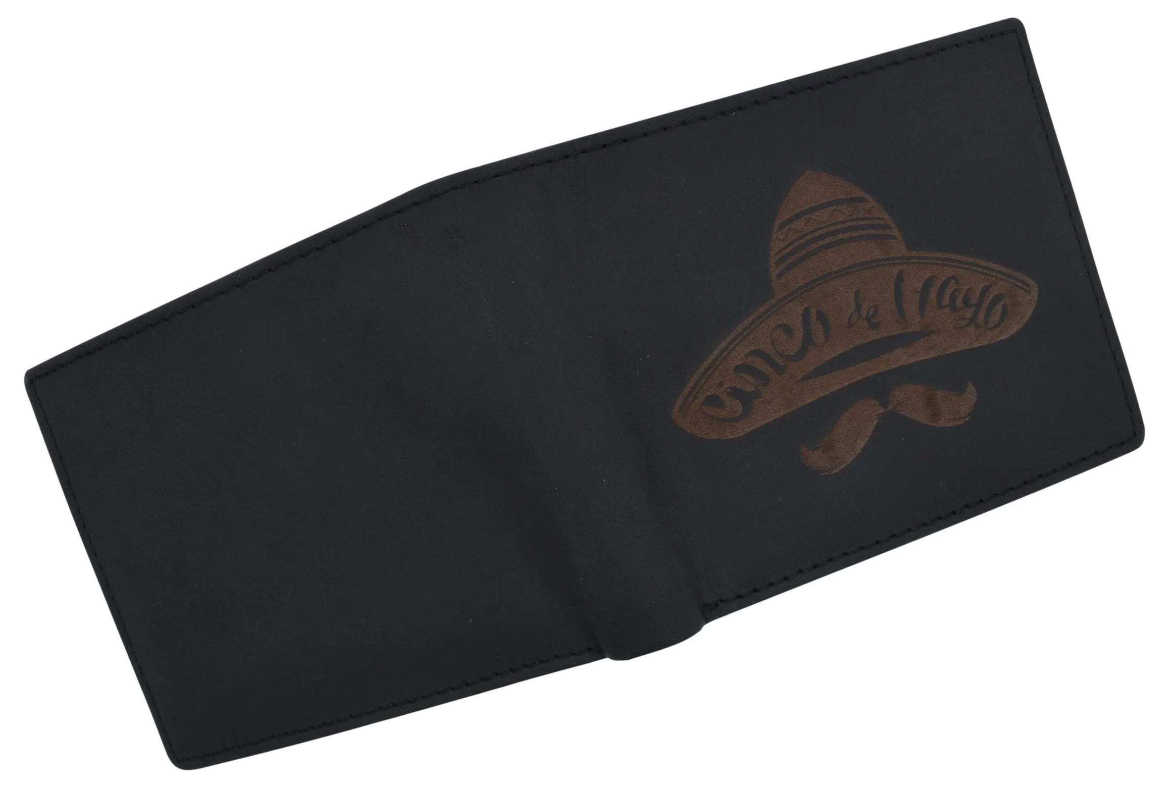RFID Blocking Mens Genuine Leather Bifold 5 de Mayo Sombrero Logo Wallet