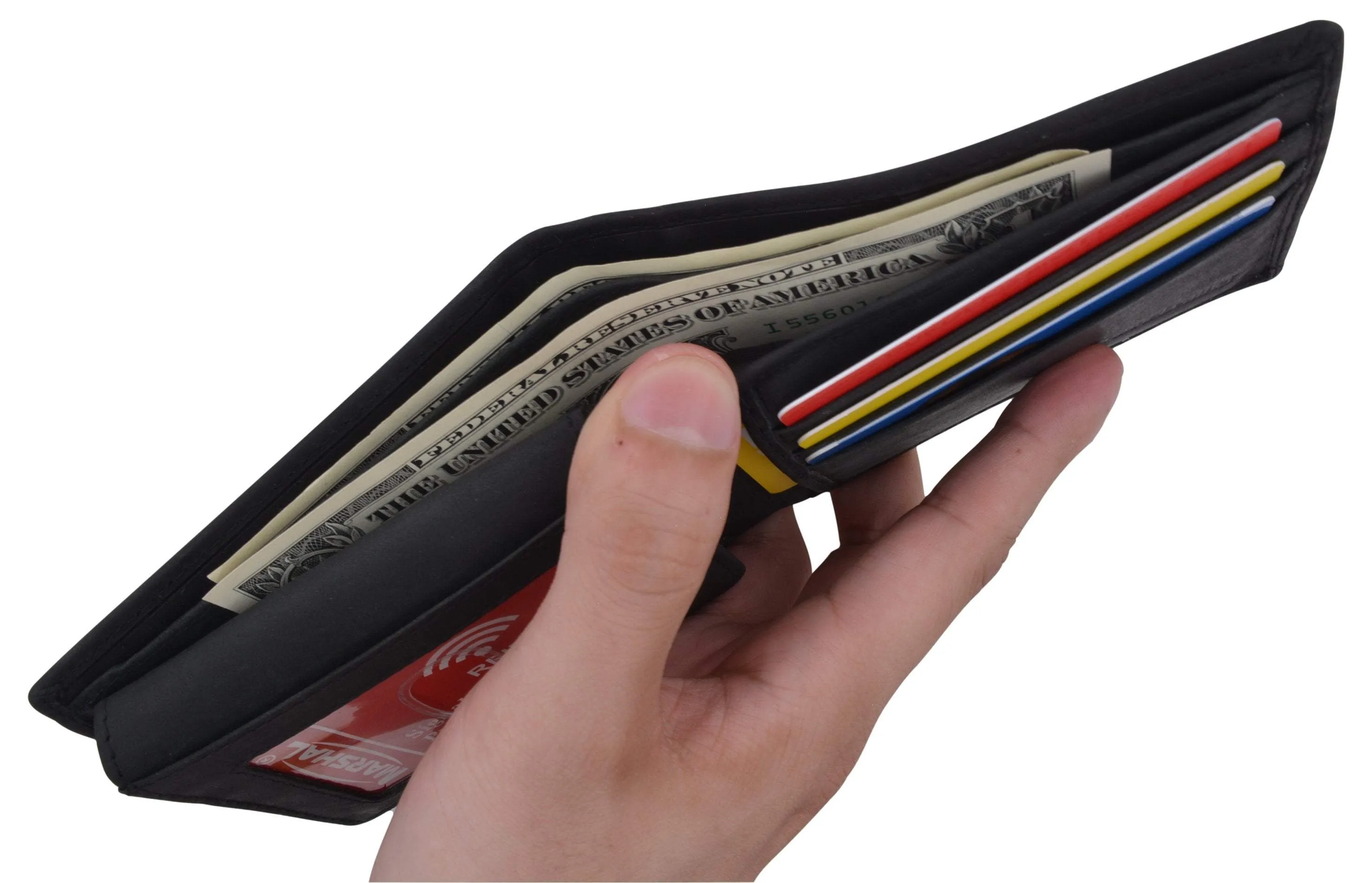 RFID Blocking Mens Genuine Leather Bifold 5 de Mayo Sombrero Logo Wallet
