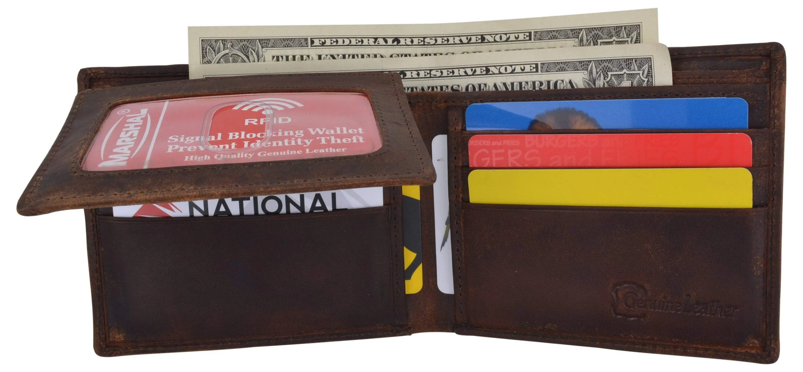 RFID Blocking Mens Genuine Leather Bifold 5 de Mayo Sombrero Logo Wallet