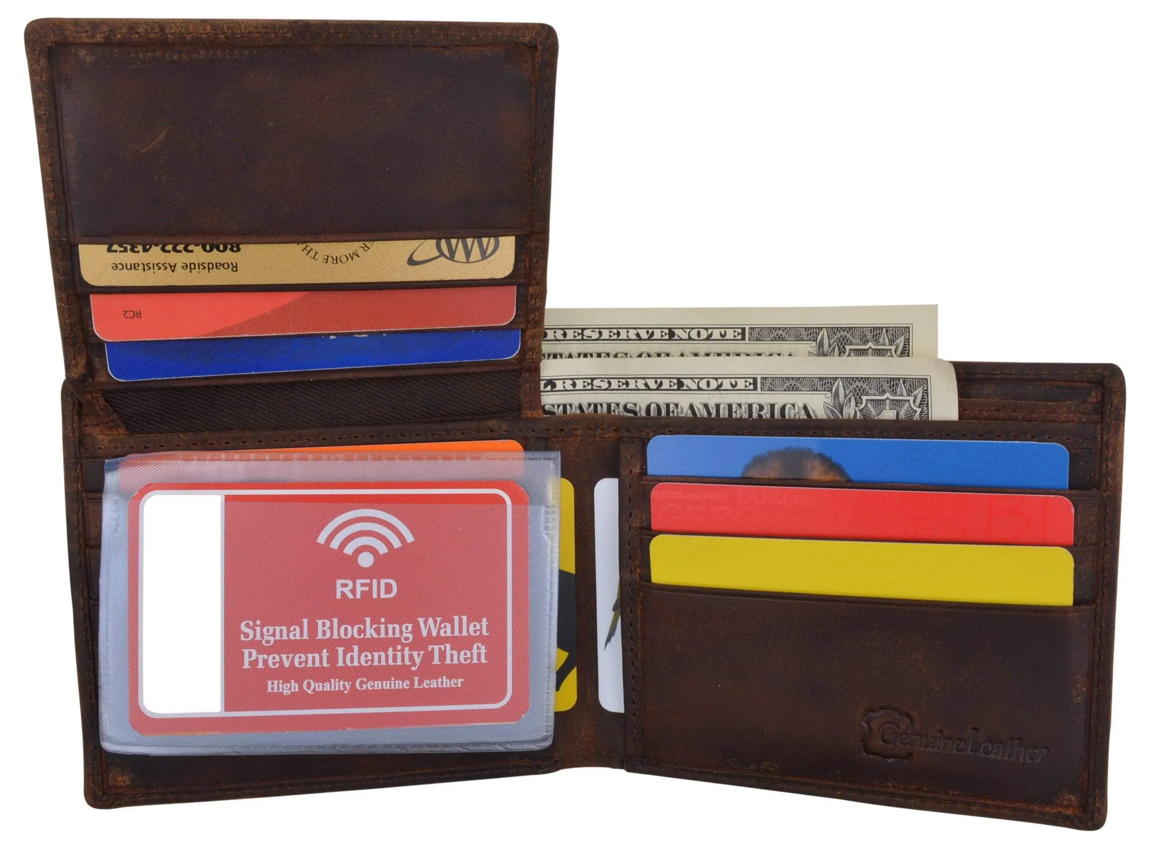 RFID Blocking Mens Genuine Leather Bifold 5 de Mayo Sombrero Logo Wallet