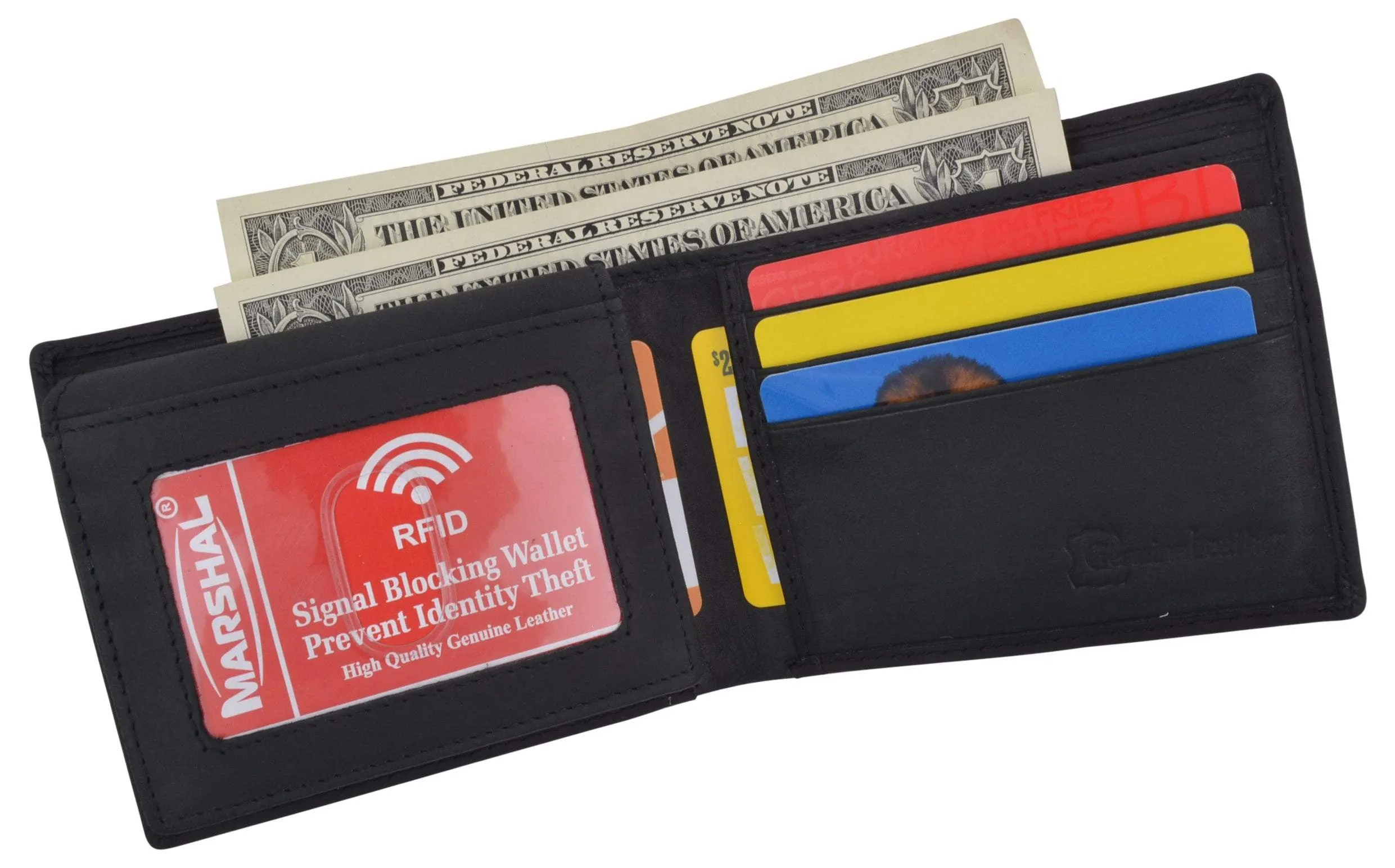 RFID Blocking Mens Genuine Leather Bifold 5 de Mayo Sombrero Logo Wallet