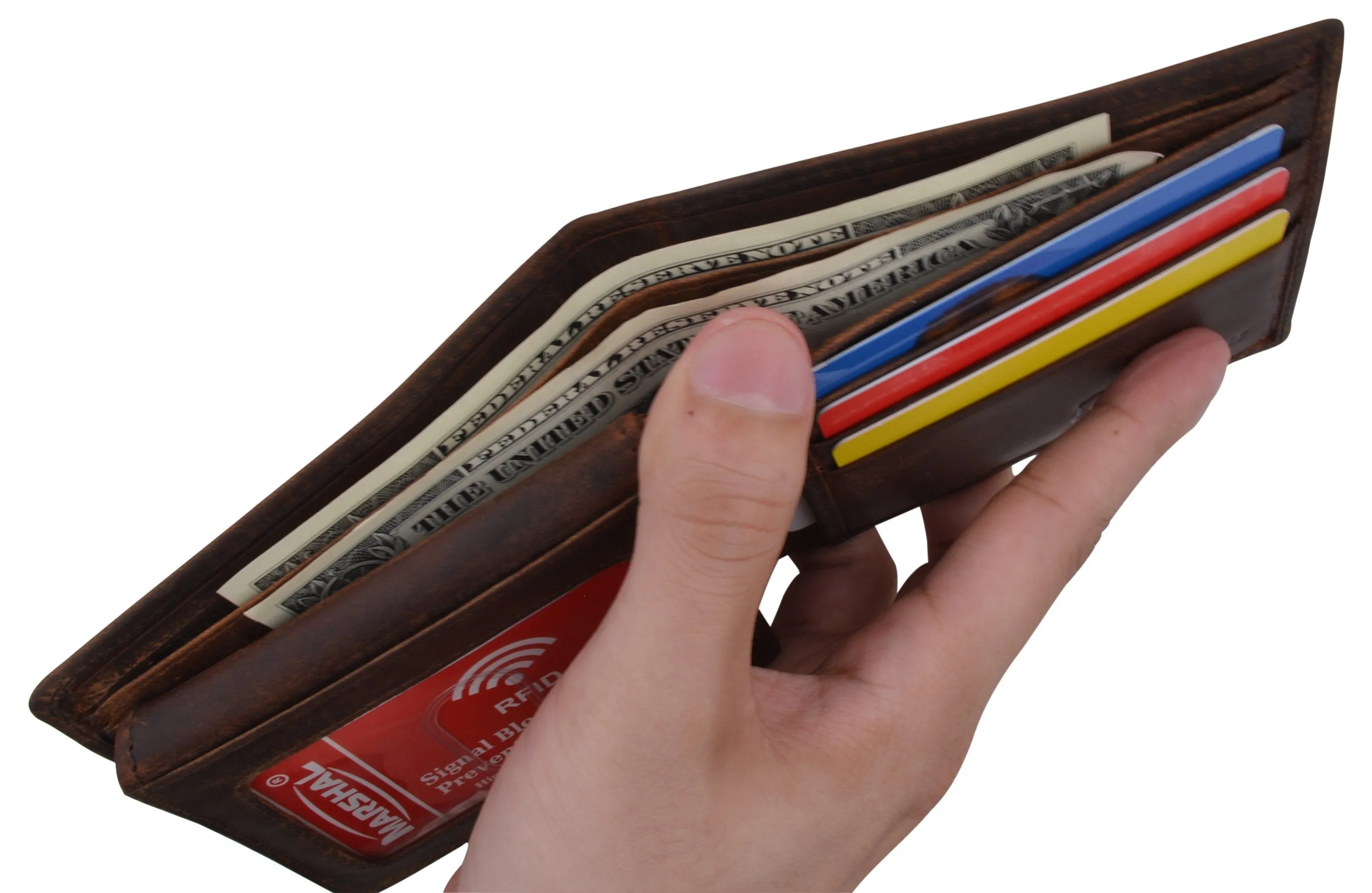 RFID Blocking Mens Genuine Leather Bifold 5 de Mayo Sombrero Logo Wallet
