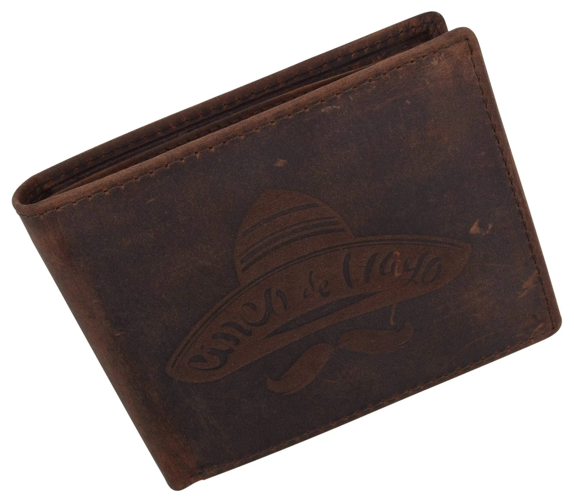 RFID Blocking Mens Genuine Leather Bifold 5 de Mayo Sombrero Logo Wallet