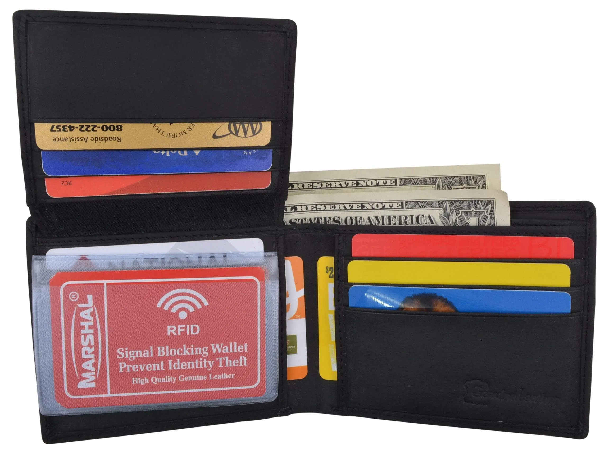 RFID Blocking Mens Genuine Leather Bifold 5 de Mayo Sombrero Logo Wallet