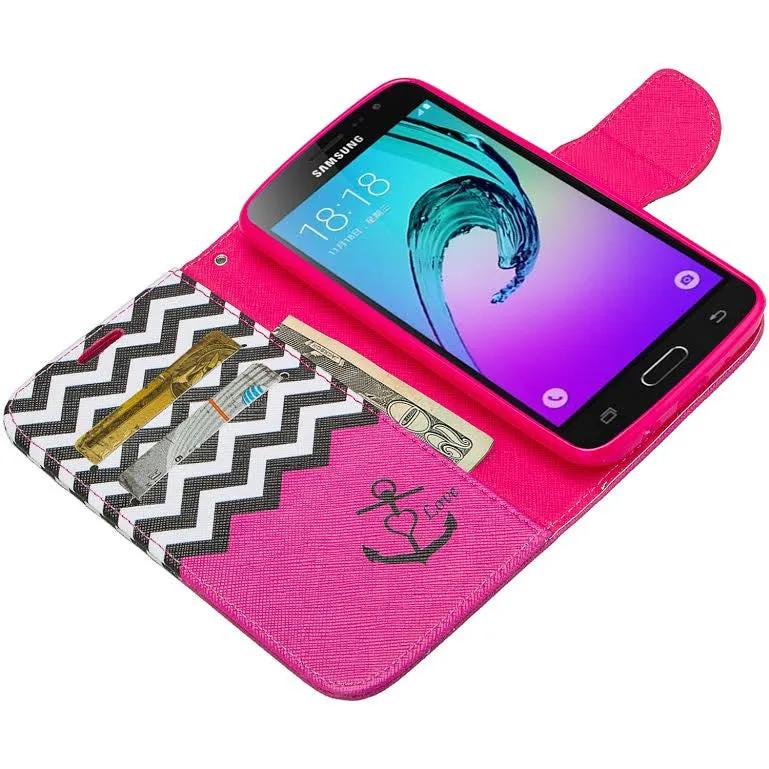 Samsung Galaxy Core Prime Wallet Case, Wrist Strap Flip [Kickstand] Pu Leather Wallet Case with ID & Credit Card Slots, Hot Pink Anchor