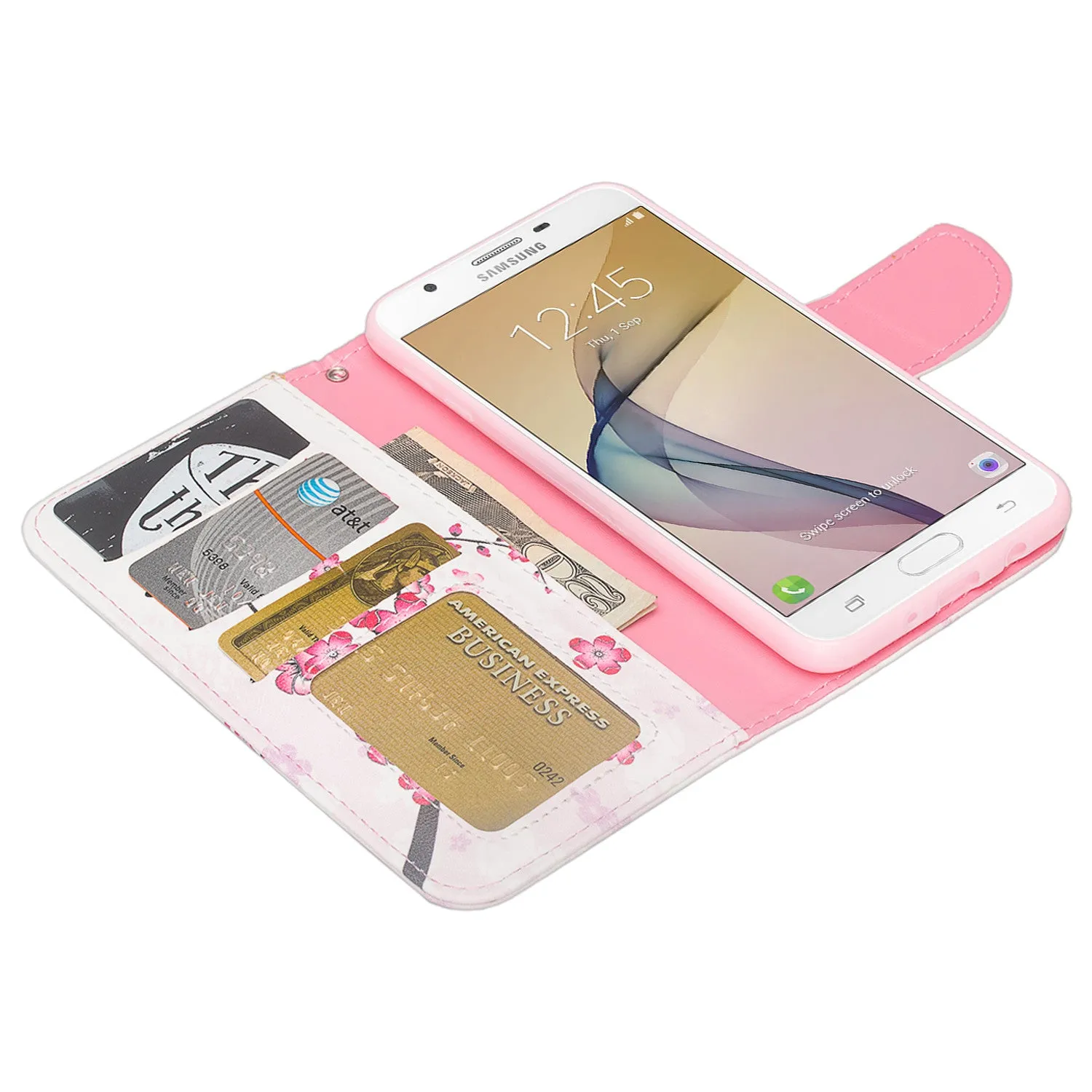 Samsung Galaxy J7 Prime 2016, G610, Galaxy On7 Case, Wrist Strap Pu Leather Magnetic Flip [Kickstand] with Slots - Cherry Blossom