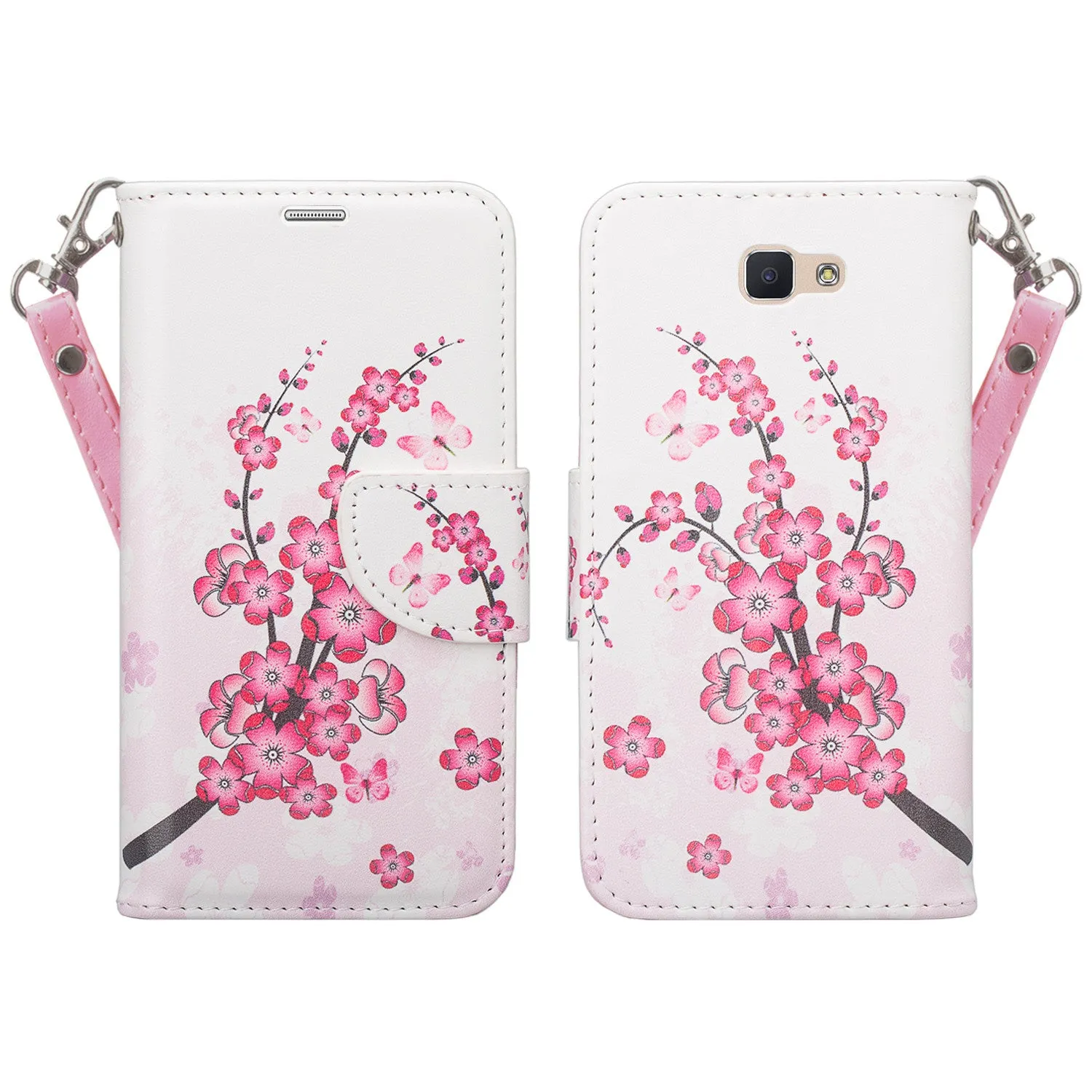 Samsung Galaxy J7 Prime 2016, G610, Galaxy On7 Case, Wrist Strap Pu Leather Magnetic Flip [Kickstand] with Slots - Cherry Blossom