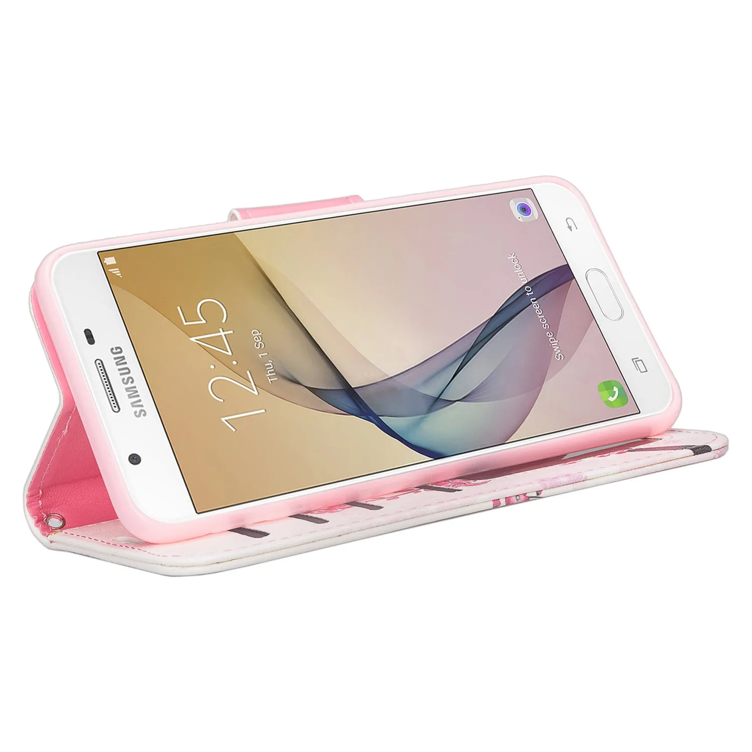 Samsung Galaxy J7 Prime 2016, G610, Galaxy On7 Case, Wrist Strap Pu Leather Magnetic Flip [Kickstand] with Slots - Cherry Blossom