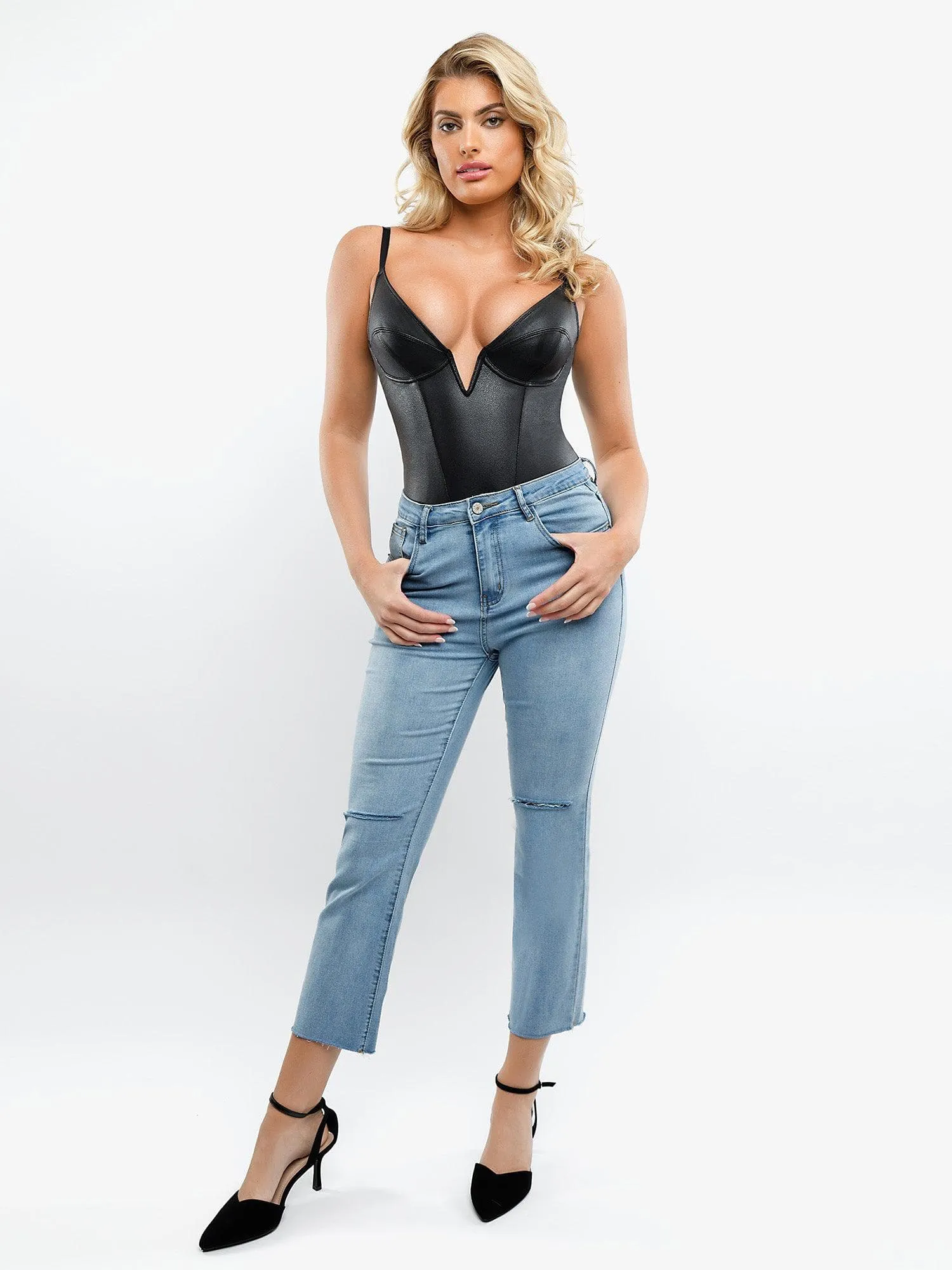 Shapewar Faux Leather Plunging V Sculpting Corset Bodysuit