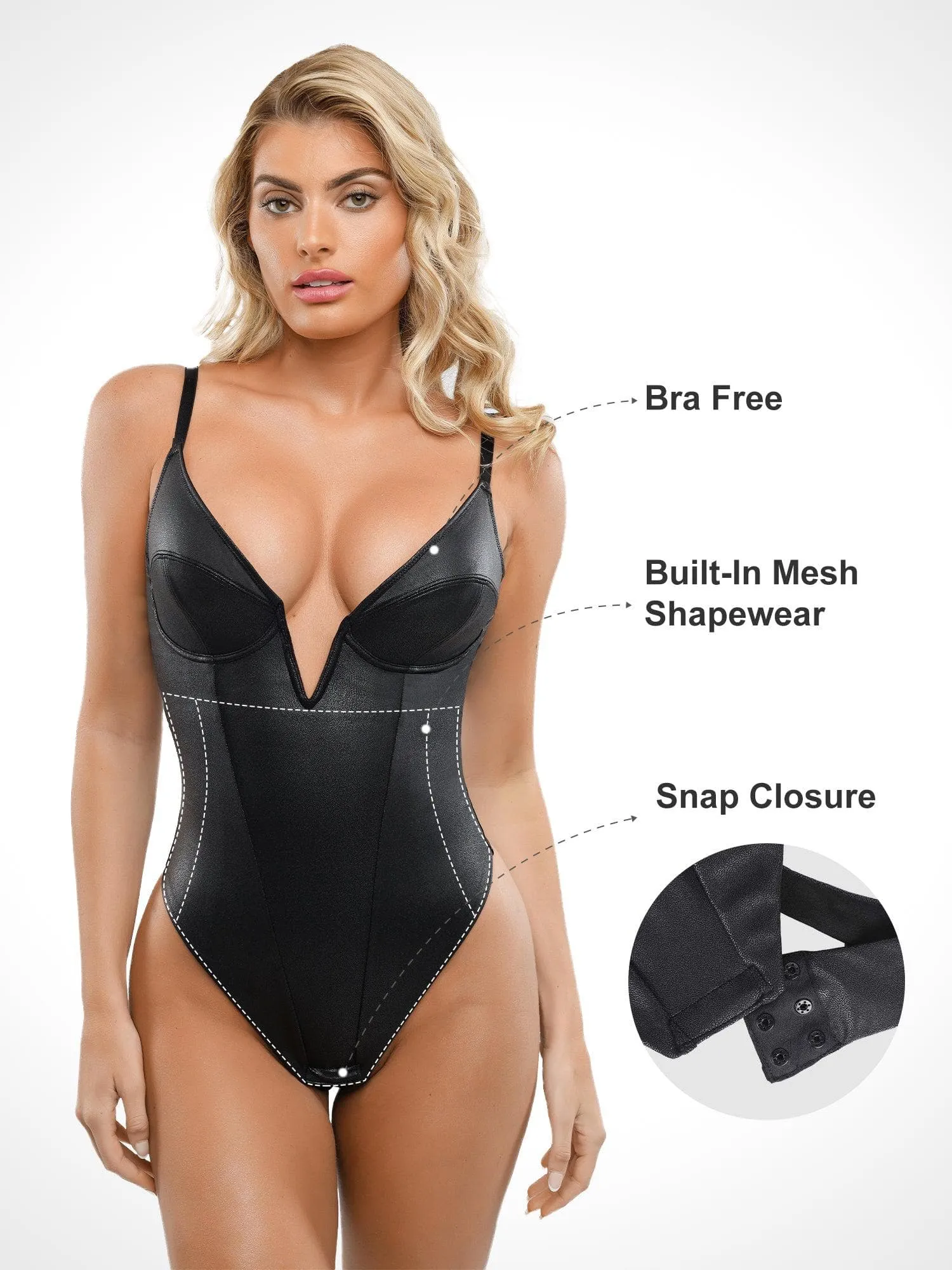 Shapewar Faux Leather Plunging V Sculpting Corset Bodysuit