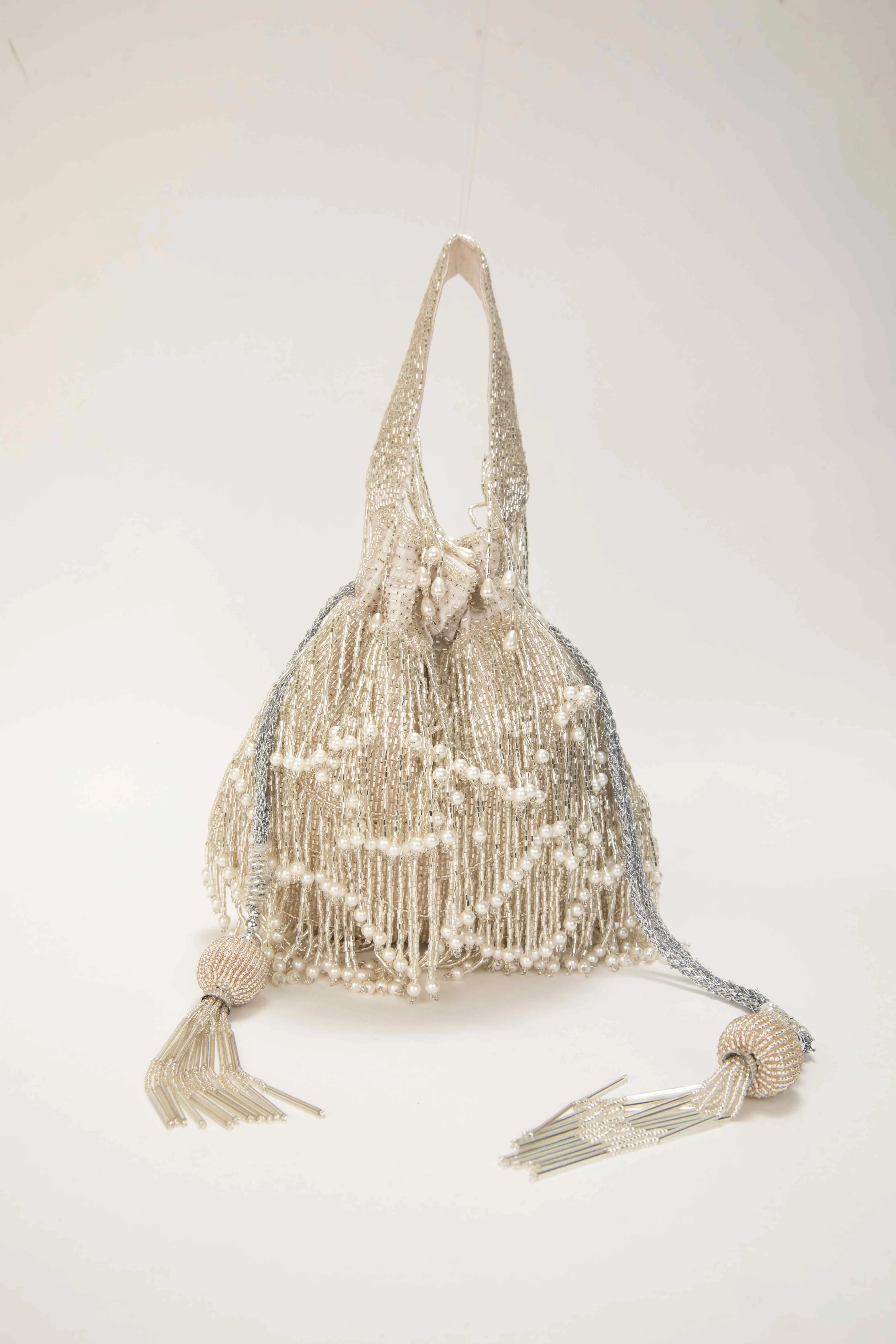 Silver Pearl Tassel Hand embroidered Velvet Potli Bag