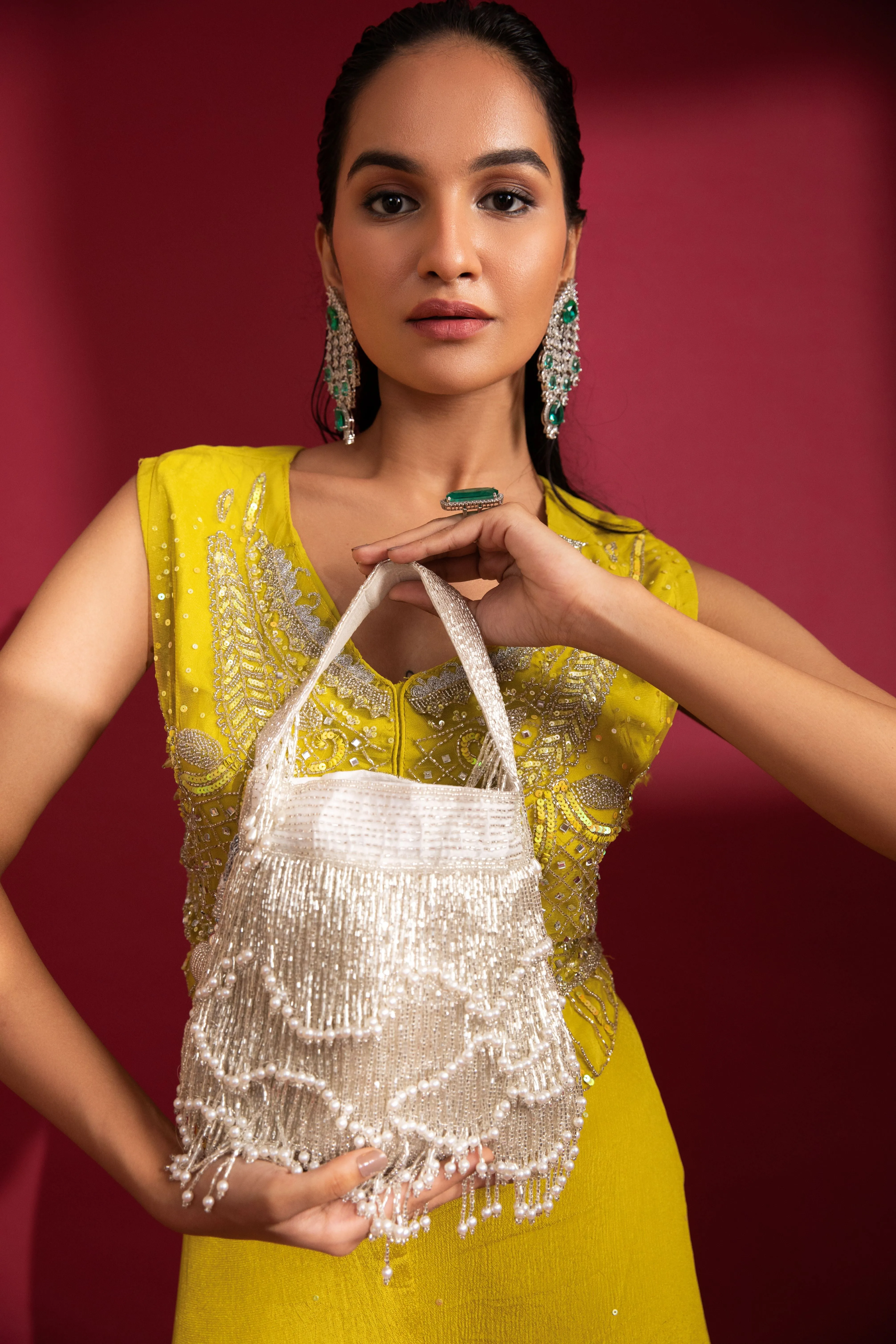 Silver Pearl Tassel Hand embroidered Velvet Potli Bag
