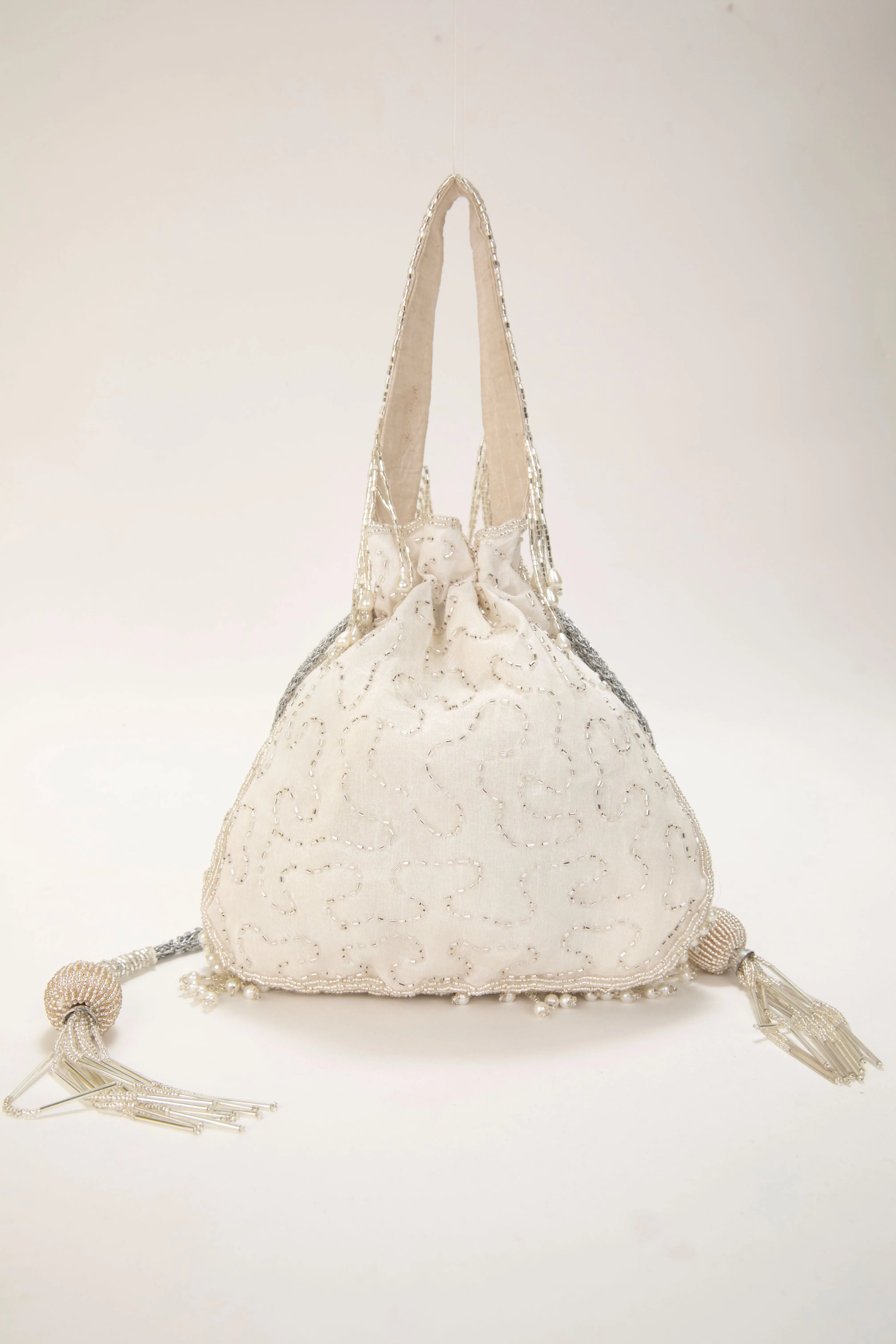 Silver Pearl Tassel Hand embroidered Velvet Potli Bag