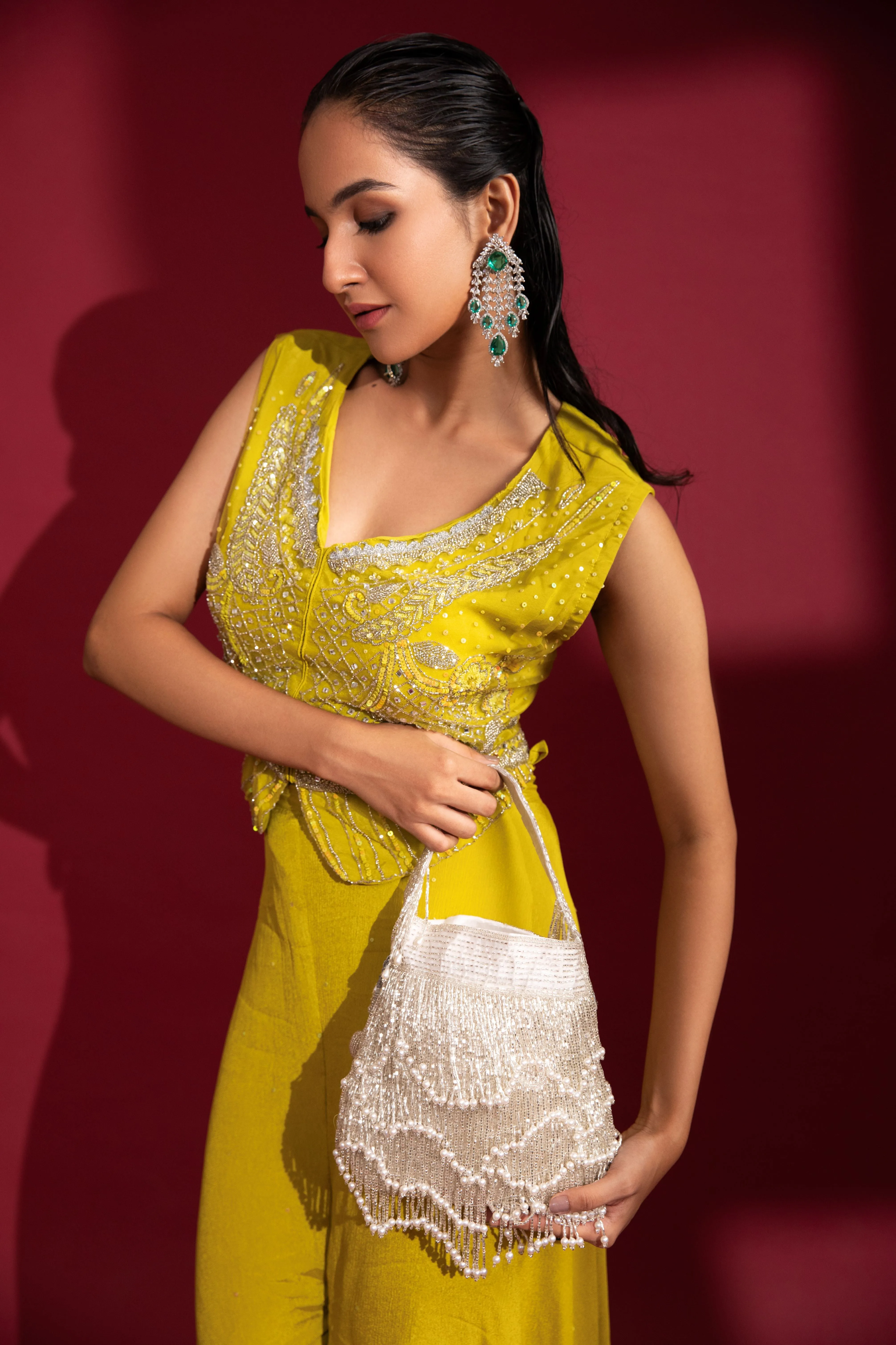 Silver Pearl Tassel Hand embroidered Velvet Potli Bag