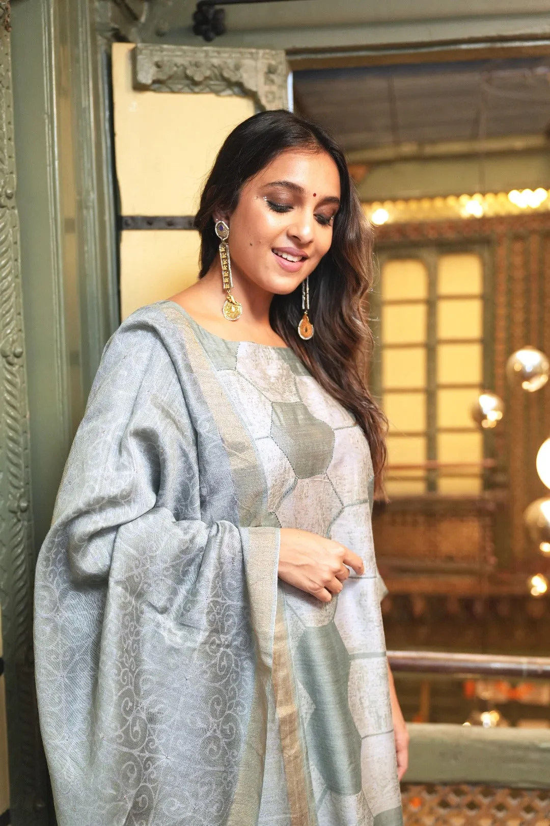 Sitara Sea Green Block Print Munga Silk Kurta Bottom Dupatta Set | Ray-ethnic