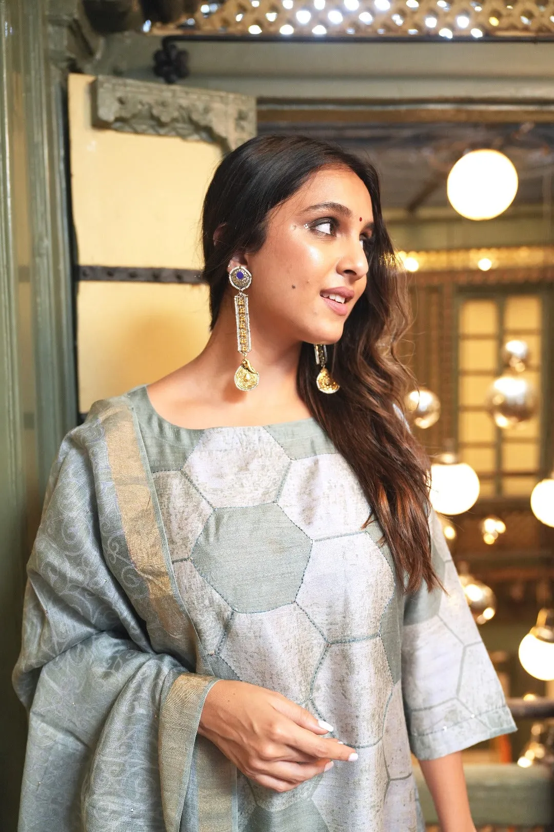 Sitara Sea Green Block Print Munga Silk Kurta Bottom Dupatta Set | Ray-ethnic
