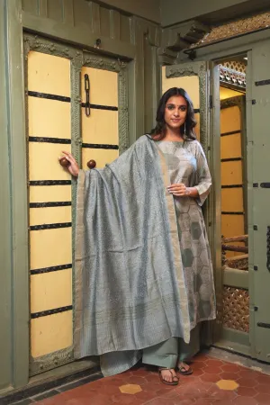 Sitara Sea Green Block Print Munga Silk Kurta Bottom Dupatta Set | Ray-ethnic