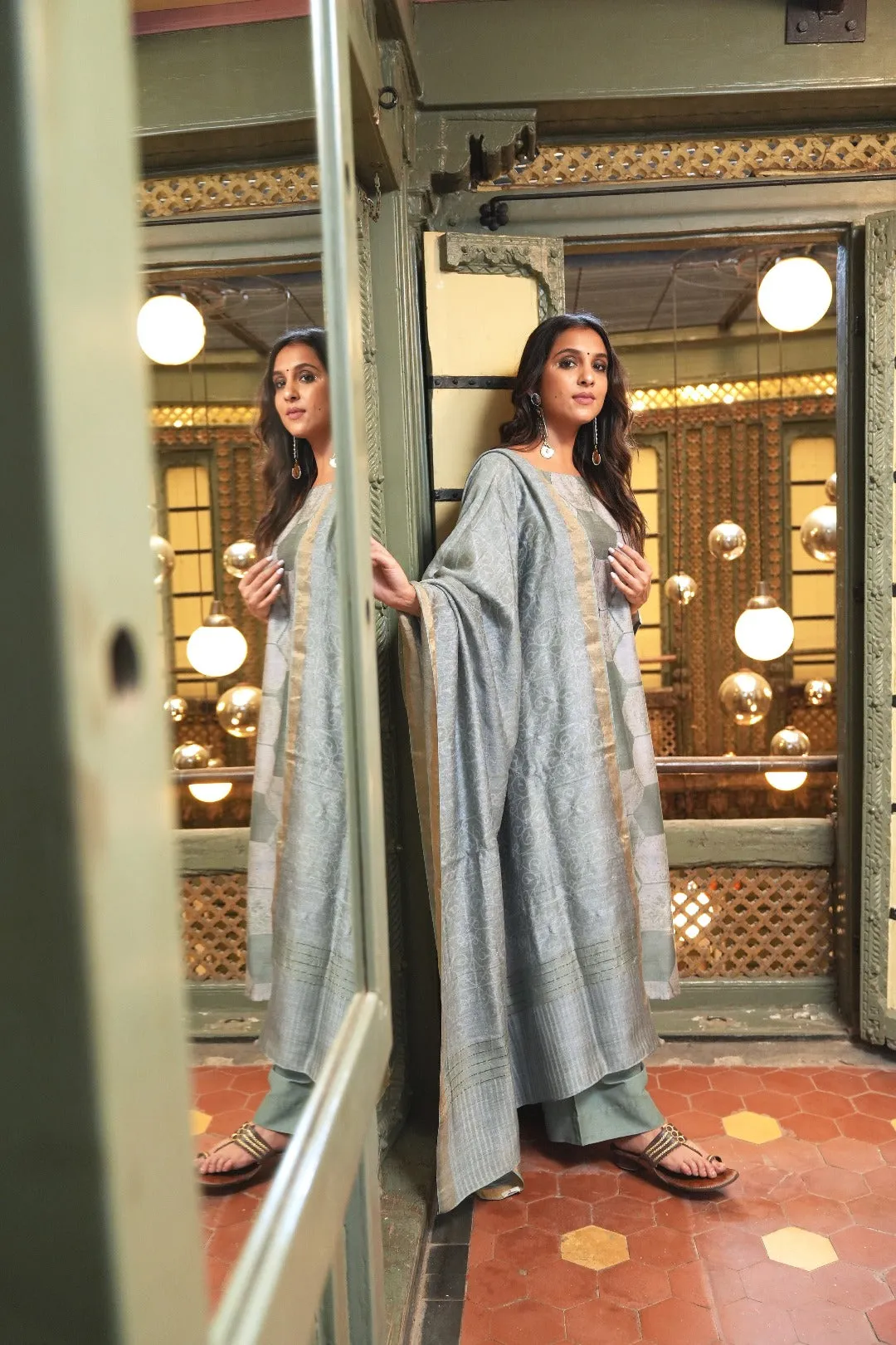 Sitara Sea Green Block Print Munga Silk Kurta Bottom Dupatta Set | Ray-ethnic