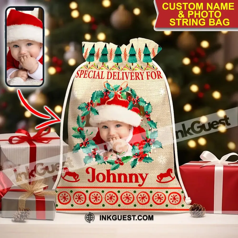 Special Delivery For Kid - Personalized Photo And Name String Bag, Christmas Gift, Gift For Family