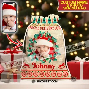 Special Delivery For Kid - Personalized Photo And Name String Bag, Christmas Gift, Gift For Family