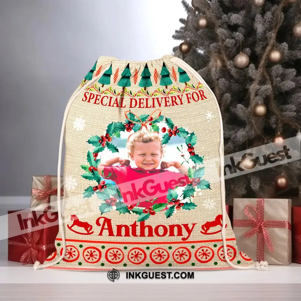 Special Delivery For Kid - Personalized Photo And Name String Bag, Christmas Gift, Gift For Family