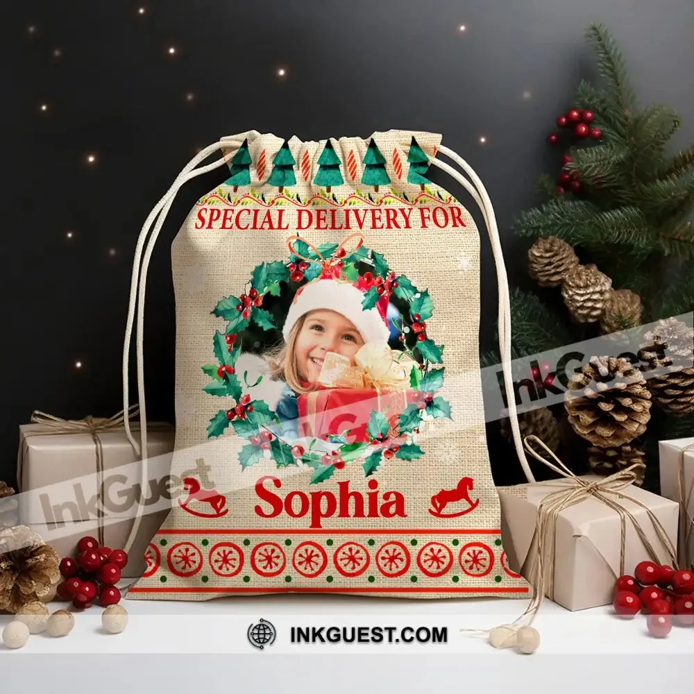 Special Delivery For Kid - Personalized Photo And Name String Bag, Christmas Gift, Gift For Family