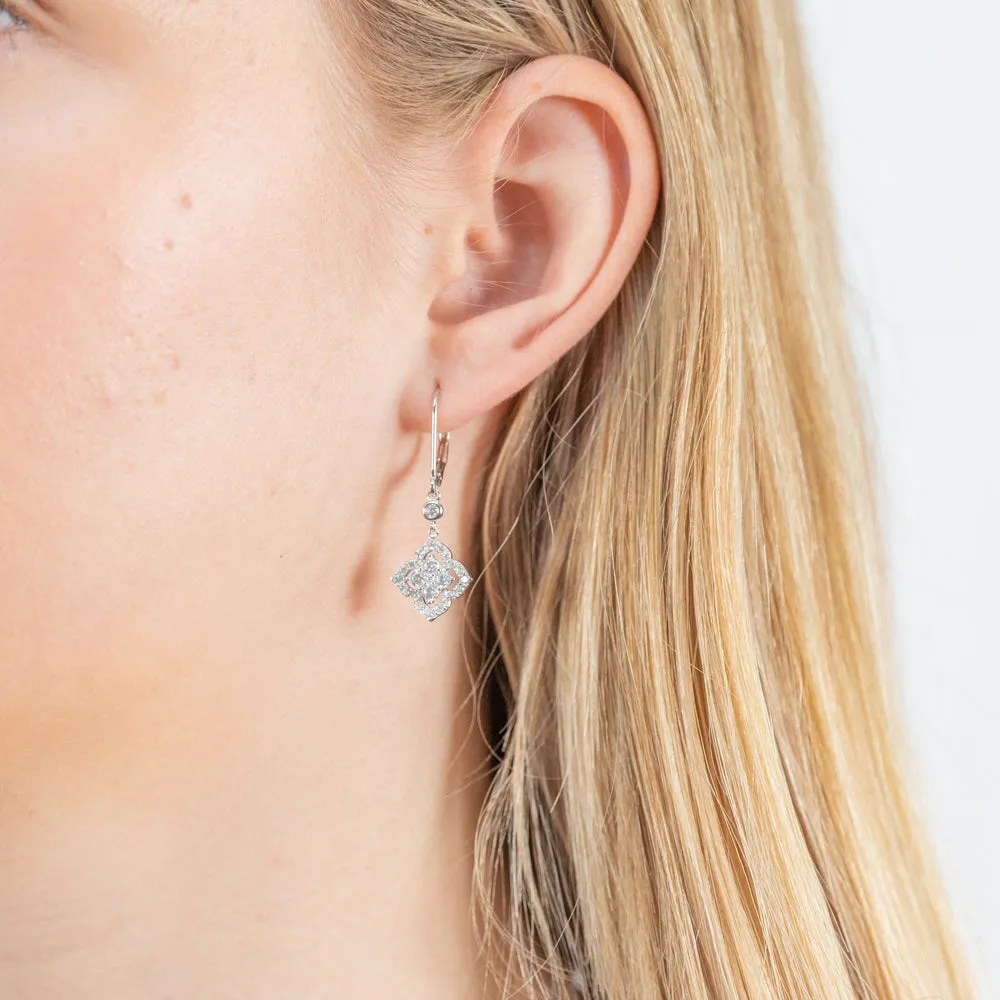 Sterling Silver Rhodium Plated Cubic Zirconia Lever Back Drop Earrings
