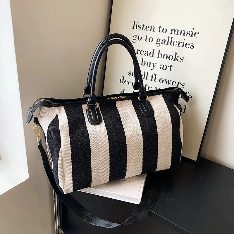 Striped Bowling Large Capacity Canvas Shoulder Bag
