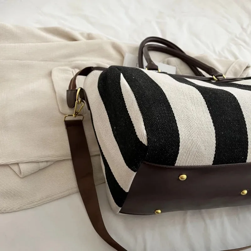 Striped Bowling Large Capacity Canvas Shoulder Bag