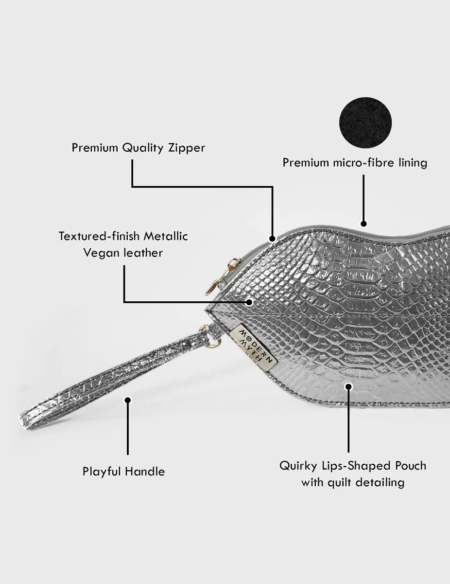Textured Silver Lips Shaped Metallic Makeup Pouch | Modern Myth