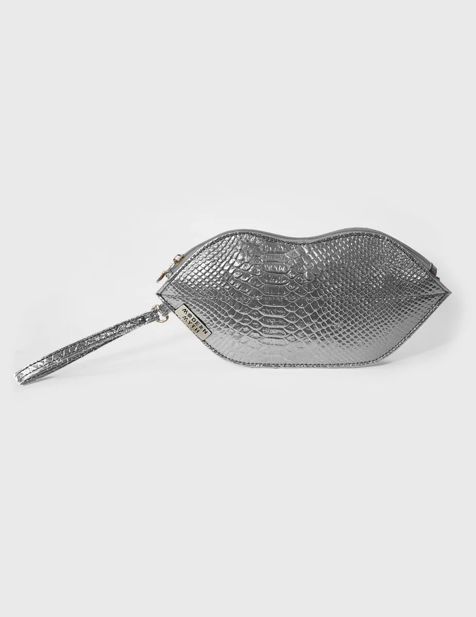 Textured Silver Lips Shaped Metallic Makeup Pouch | Modern Myth