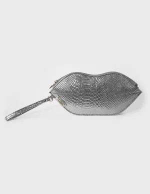 Textured Silver Lips Shaped Metallic Makeup Pouch | Modern Myth