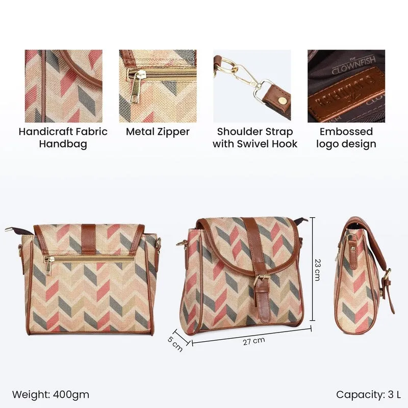 THE CLOWNFISH Madeline Printed Handicraft Fabric Handbag for Women Sling Bag Office Bag Ladies Shoulder Bag with Snap Flap Closure & Shoulder Belt Tote For Women College Girls (Cream)