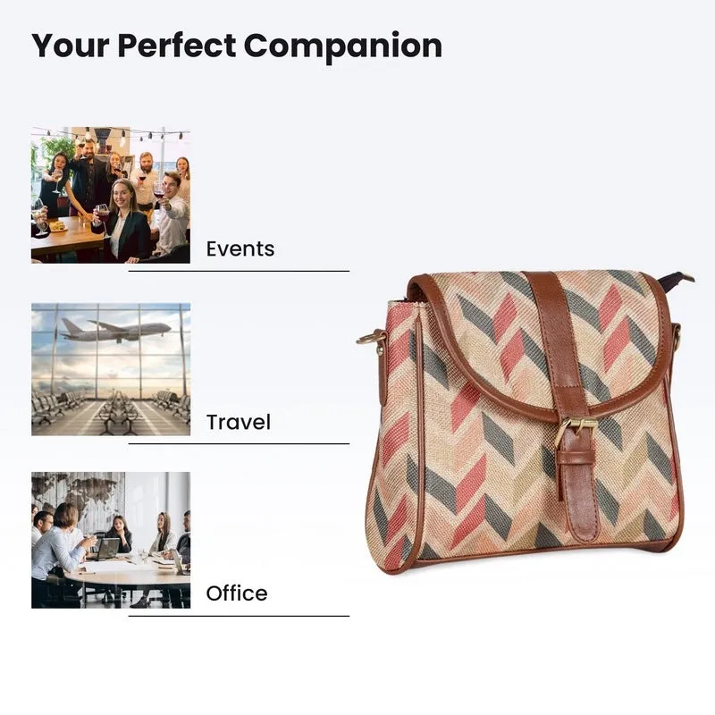THE CLOWNFISH Madeline Printed Handicraft Fabric Handbag for Women Sling Bag Office Bag Ladies Shoulder Bag with Snap Flap Closure & Shoulder Belt Tote For Women College Girls (Cream)