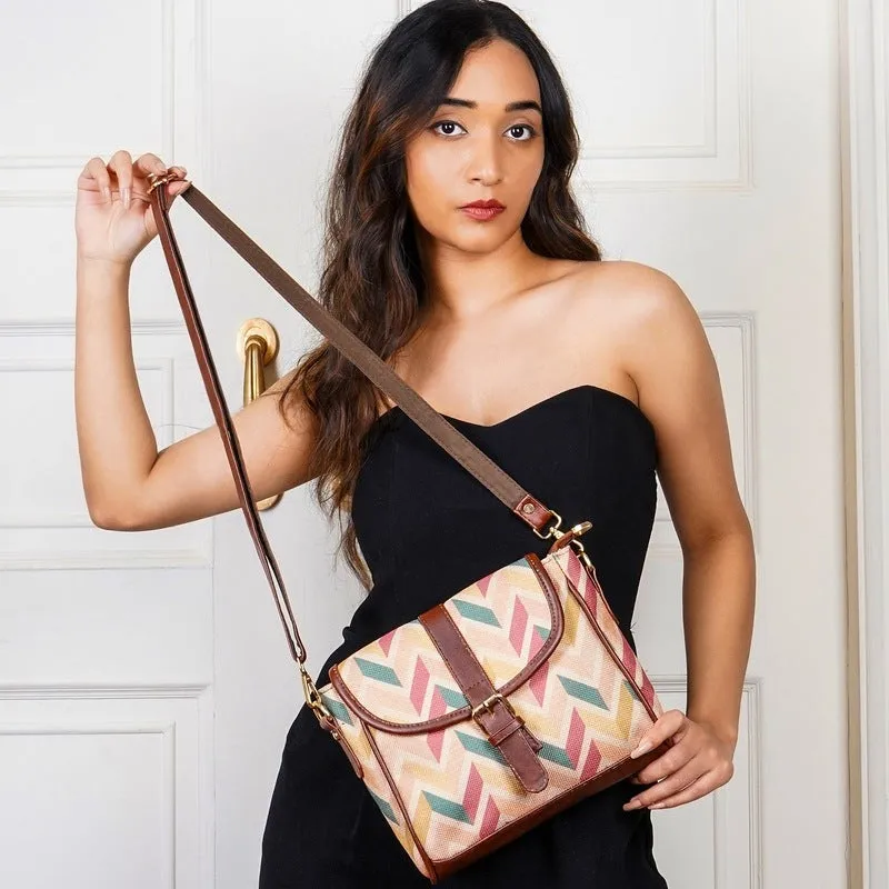 THE CLOWNFISH Madeline Printed Handicraft Fabric Handbag for Women Sling Bag Office Bag Ladies Shoulder Bag with Snap Flap Closure & Shoulder Belt Tote For Women College Girls (Cream)