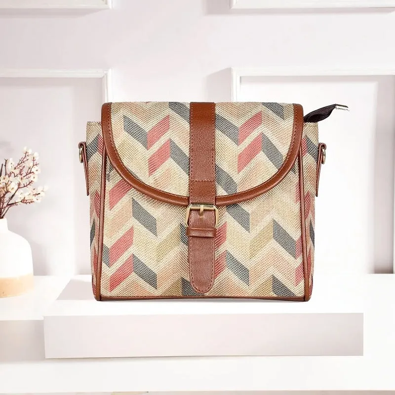 THE CLOWNFISH Madeline Printed Handicraft Fabric Handbag for Women Sling Bag Office Bag Ladies Shoulder Bag with Snap Flap Closure & Shoulder Belt Tote For Women College Girls (Cream)