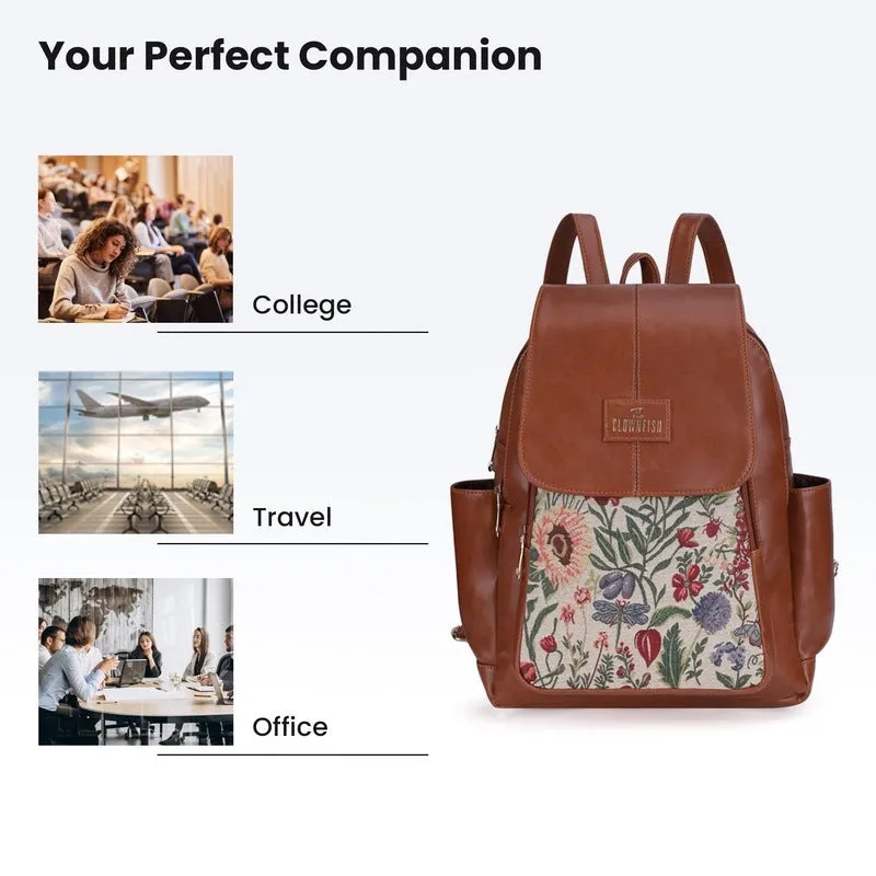 THE CLOWNFISH Medium Size Minerva Faux Leather Women's Standard Backpack College School Bag Casual Travel Backpack For Ladies Girls (Tan), 10 Litre