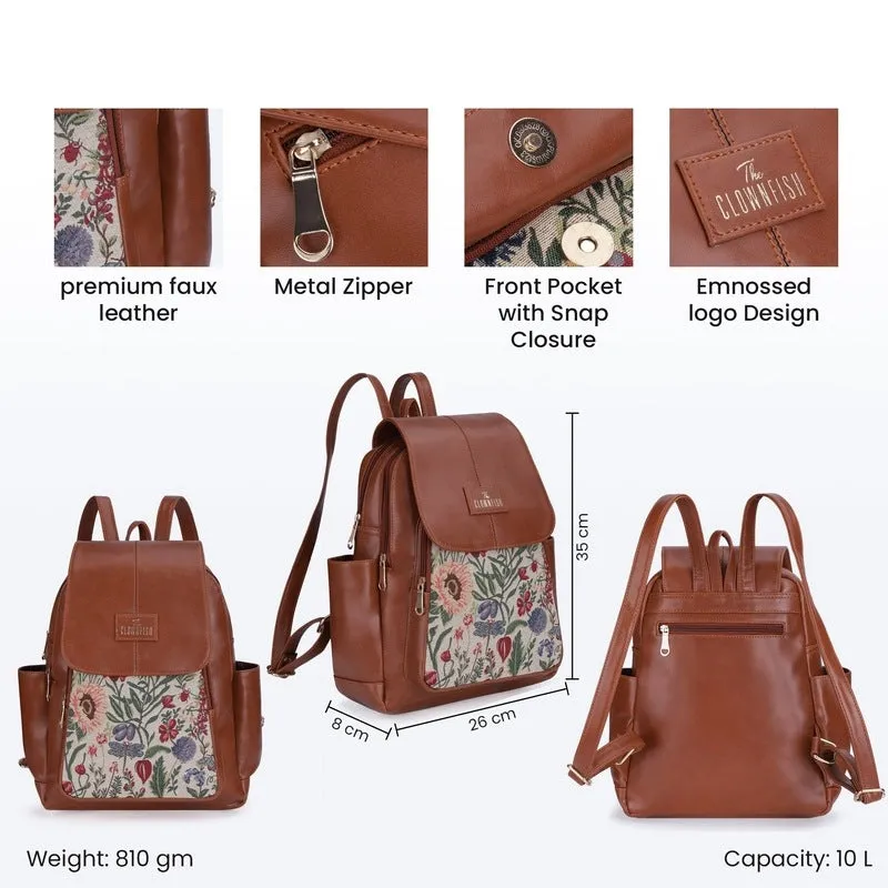 THE CLOWNFISH Medium Size Minerva Faux Leather Women's Standard Backpack College School Bag Casual Travel Backpack For Ladies Girls (Tan), 10 Litre