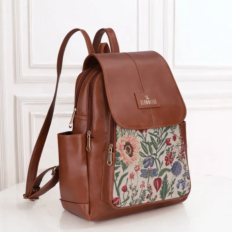 THE CLOWNFISH Medium Size Minerva Faux Leather Women's Standard Backpack College School Bag Casual Travel Backpack For Ladies Girls (Tan), 10 Litre