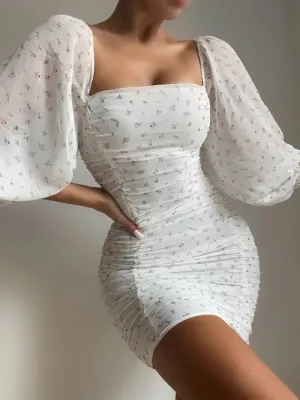 Thin Chiffon Sleeve Bodycon Print Slim Draped Dress