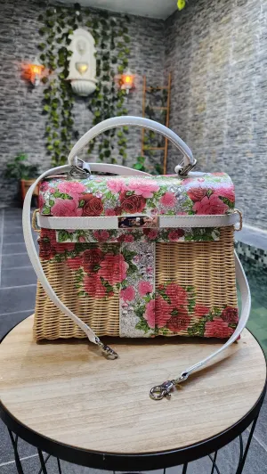 Victorian floral style - White genuine leather - Handmade wicker bag, Medium size (31cm)