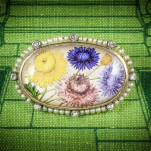 Victorian French Essex Crystal Flower Pearl Diamond Brooch 18Ct Gold