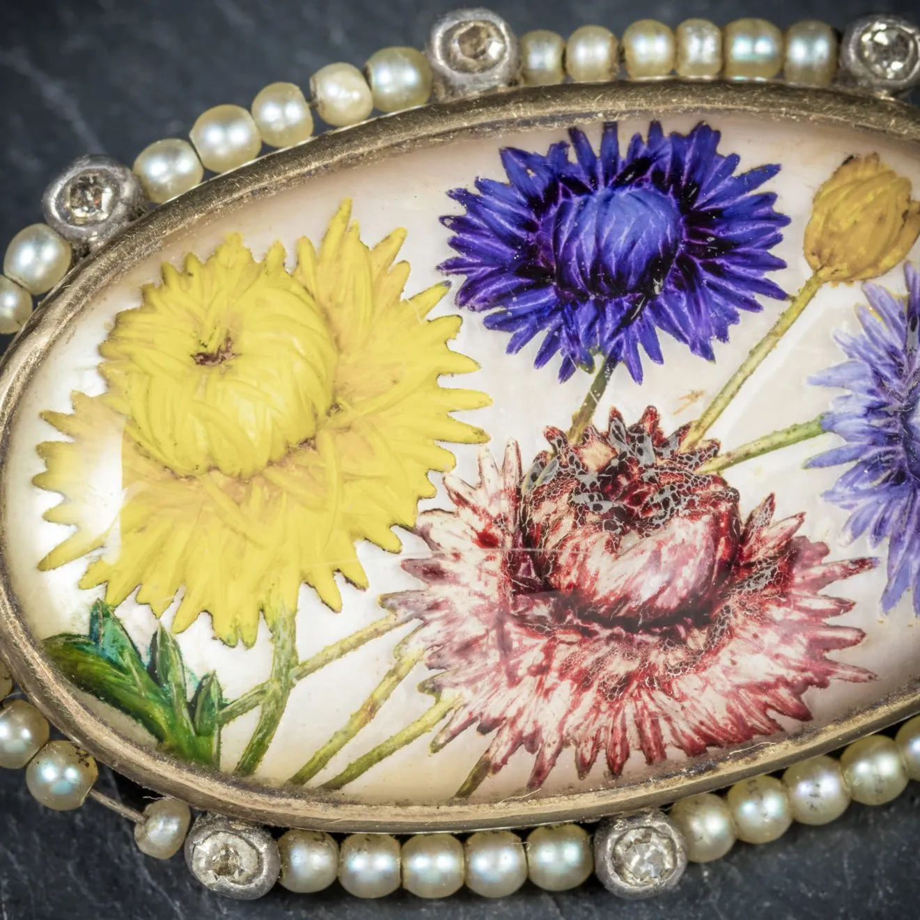 Victorian French Essex Crystal Flower Pearl Diamond Brooch 18Ct Gold
