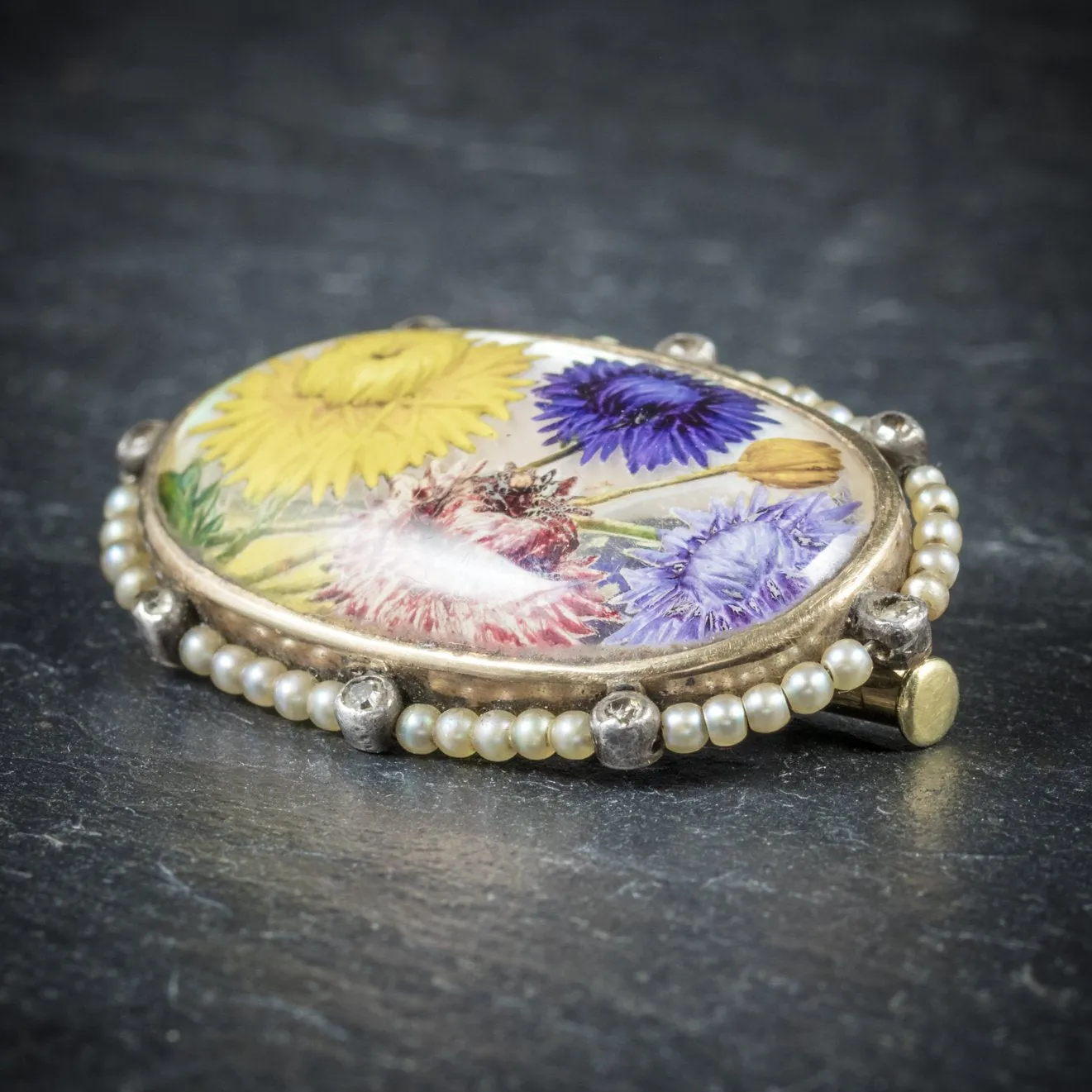 Victorian French Essex Crystal Flower Pearl Diamond Brooch 18Ct Gold