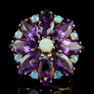 Vintage Amethyst Opal Cluster Flower Ring 9Ct Yellow Gold