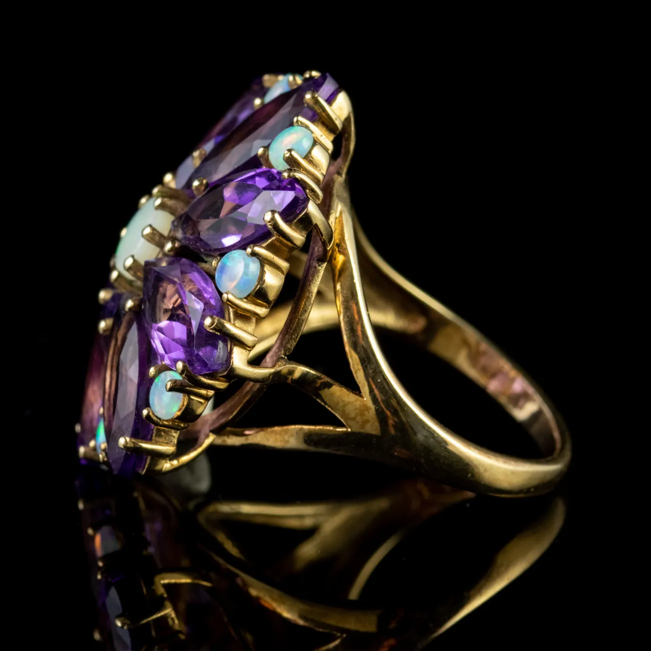 Vintage Amethyst Opal Cluster Flower Ring 9Ct Yellow Gold
